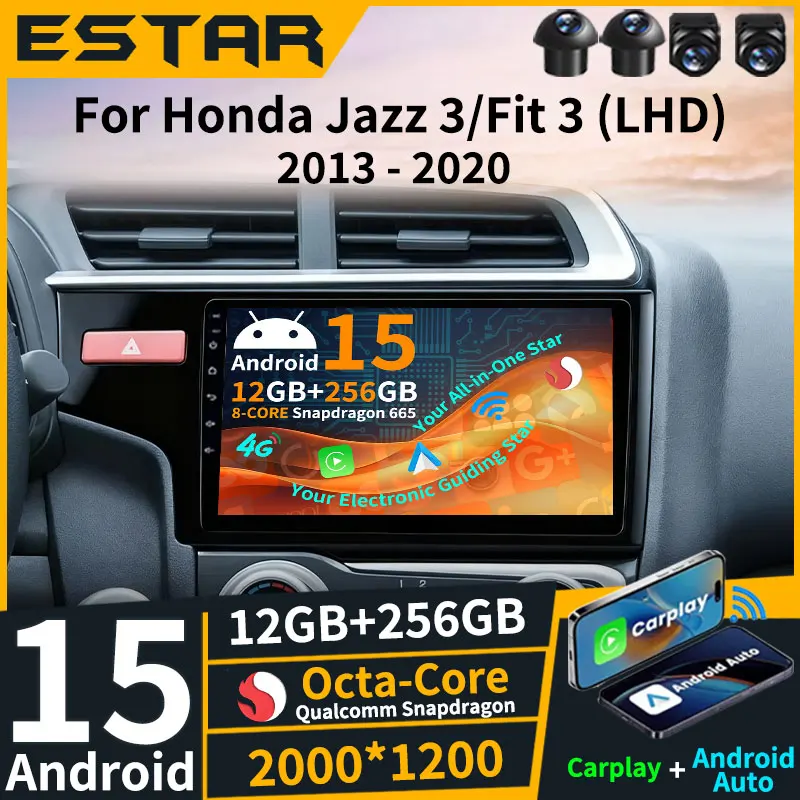 Wireless Carplay Android 15 For Honda Jazz 3 2015 - 2020 Fit 3 GP GK 2013 - 2020 (LHD) RDS 4G LTE Multimedia Stereo Video Player