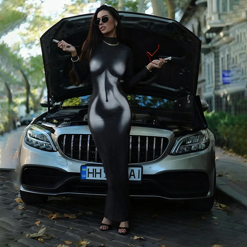 Sexy impresso sheer feminino longo maxi vestido de manga longa vestidos magros 2025 outono inverno nova moda streetwear clube festa outfits