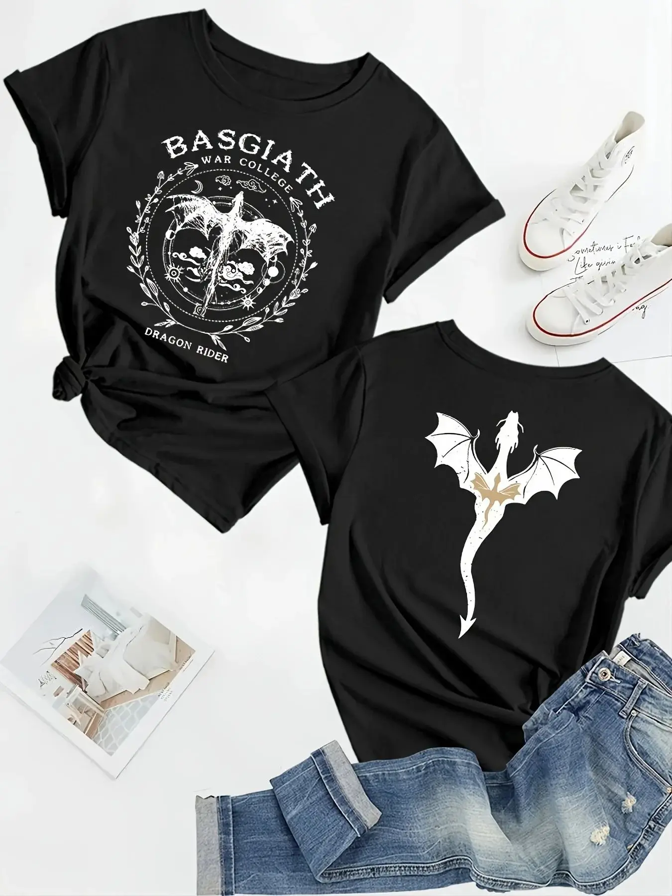 Y2k Tops Basgiath War College Dragon Rider Print Baumwoll-T-Shirt Fourth Wing Grafik-T-Shirts Lässige, lockere, beige Streetwear Unisex