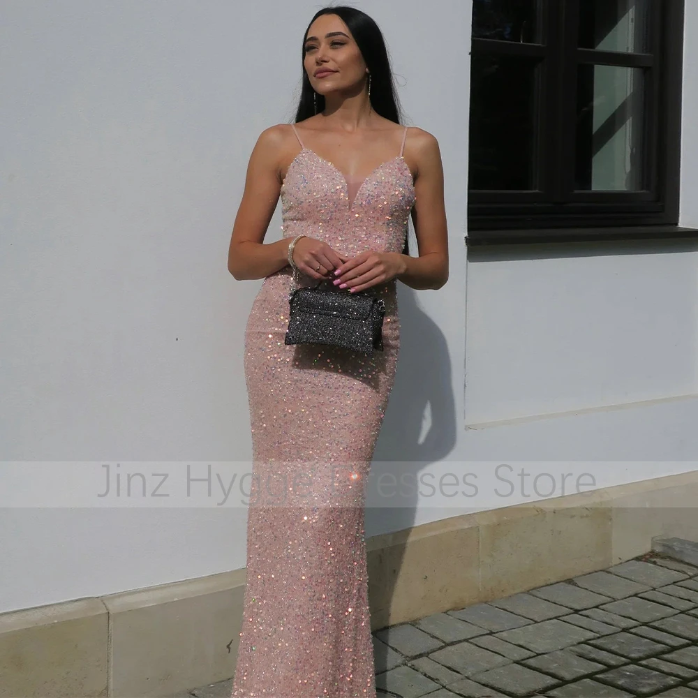 Glitter Evening Dress Pink Sequined Mermaid Spaghetti Straps Evening Gowns for Women V Neck Trumpet Sexy Prom Dresses Long