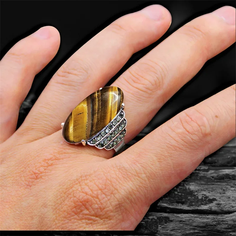 Vintage Eye Shape Natural Tiger Eye Rings For Women Antique Silver Plated Crystal Fashion Natural Stone Ring Free Shipping