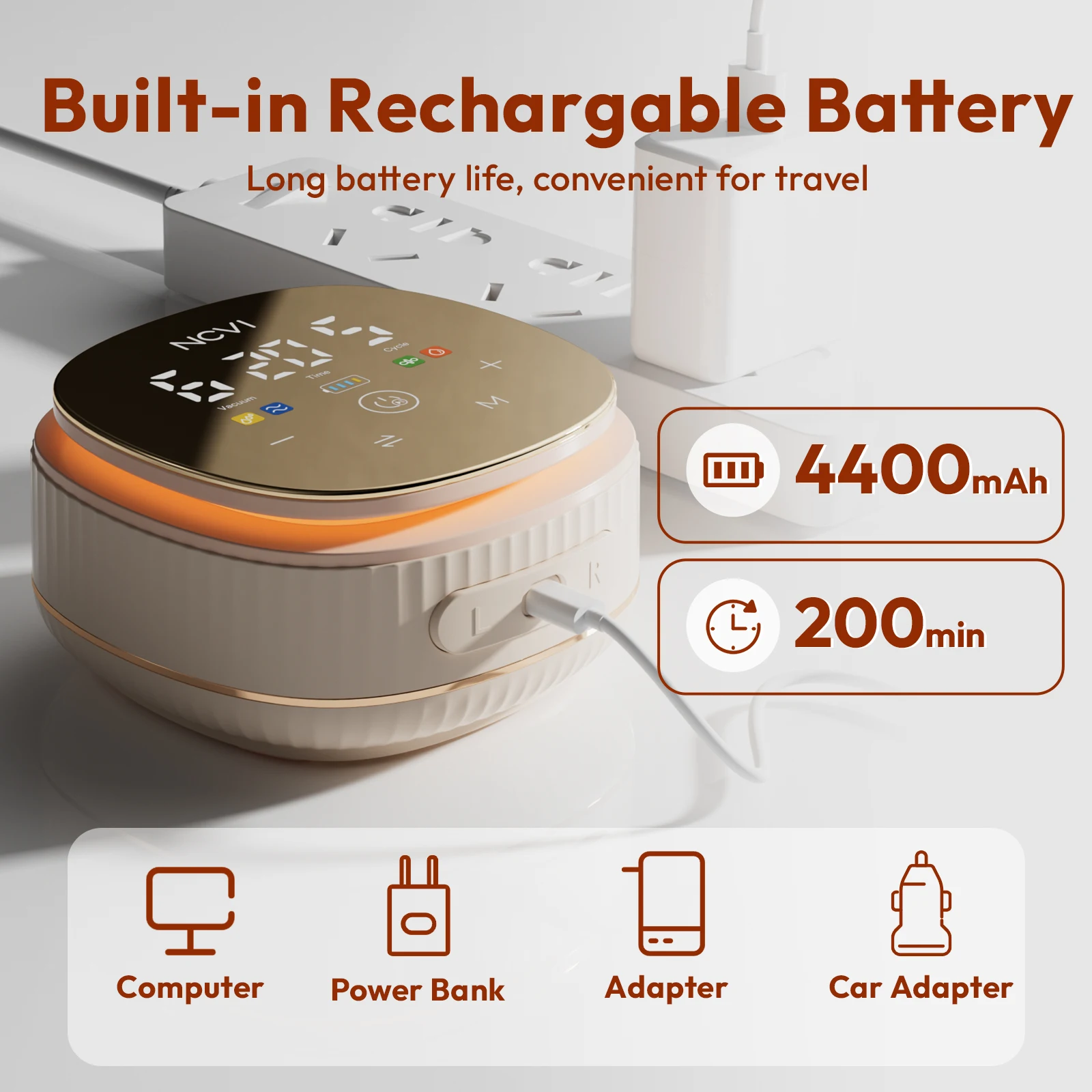 NCVI pompa ASI elektrik ganda, baterai 4400mAh kebisingan rendah pompa susu dapat diatur dengan flensa 21/24/28/32mm dengan tampilan LED