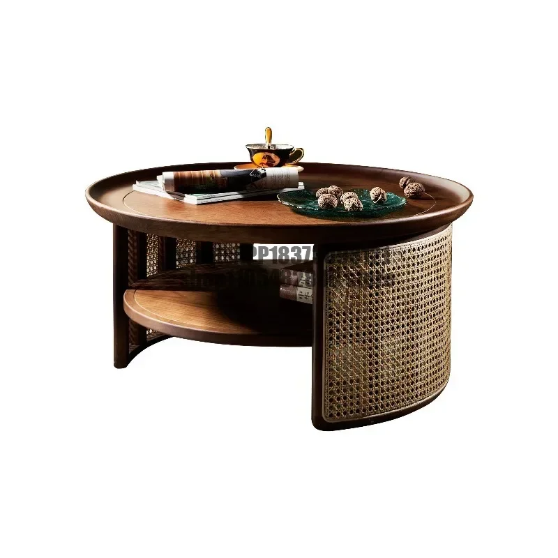 Modern minimalist vintage solid wood rattan woven coffee table, artistic small apartment living room round table