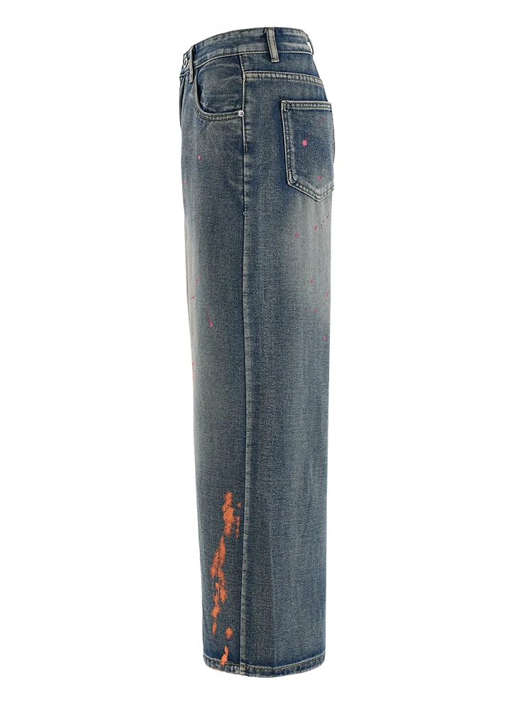 [EAM] High Waist Blue Denim Painted Long Casual Wide Leg Jeans New Women Trousers Fashion Tide Spring Autumn 2025 CPG2279