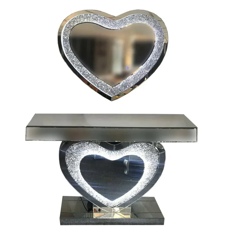 Luxury Mirrored Console Table, Crescent Shaped Foyer, Family Round Wall Mirror