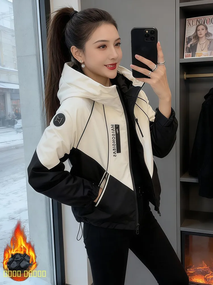 

Утепленная хлопковая куртка женская модная свободная зимняя теплая верхняя одежда для повседневной носки, версия со стоячим воротником, на флисовой подкладке, на молнии