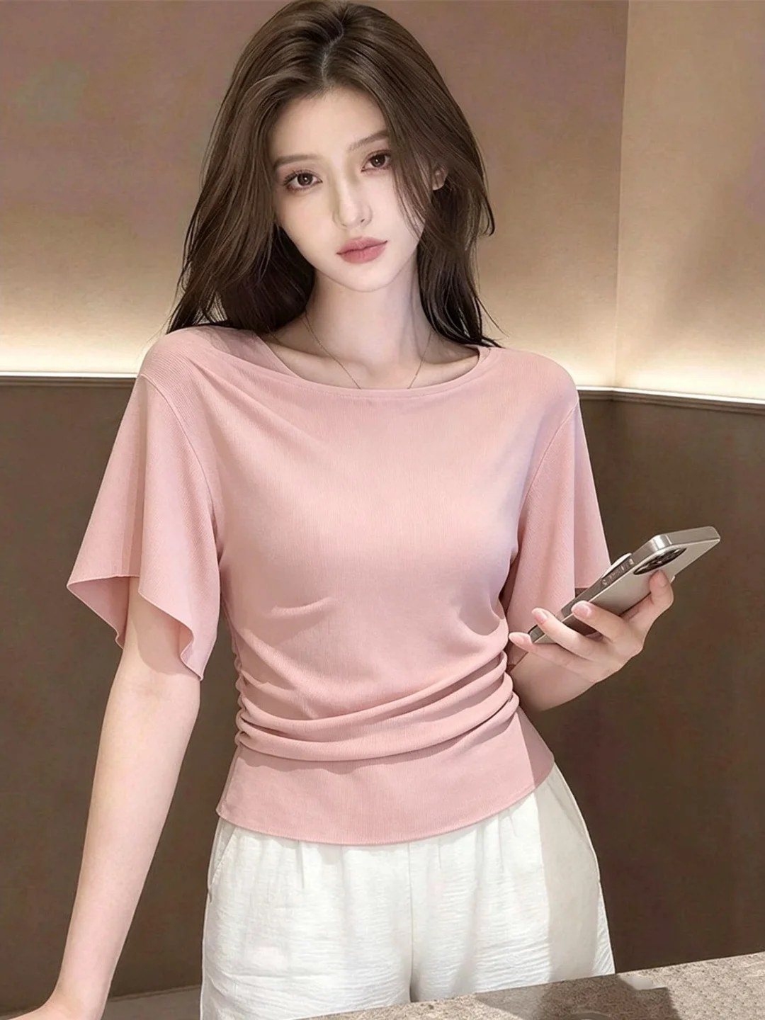 

Korean Style Fashionable Pink One Shoulder Ice Silk Knitted Short Sleeve T Shirt Women Summer Ultra Popular Pleated Waist in