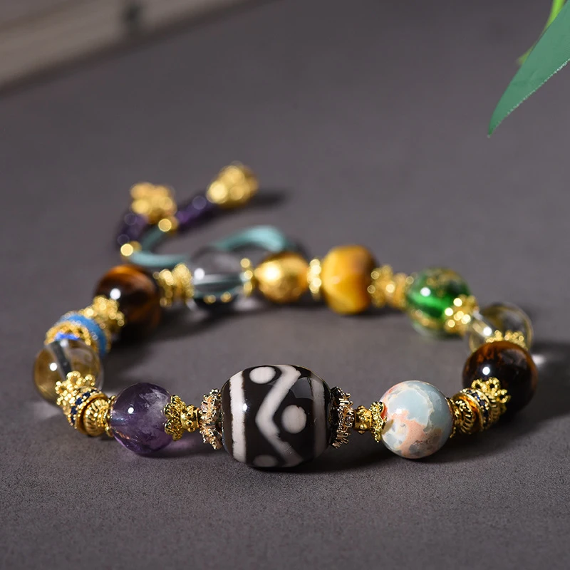 Tibetan Bead Multi-Gemstone Bracelet With Amethyst, Tiger Eye Stone, And Glass, New Style Ethnic Jewelry
