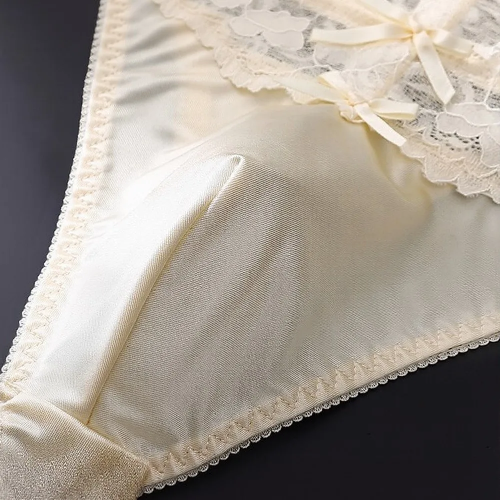 Men Satin Lace G-String Low Waist Underwear 3D Bulge Pouch Bow Thongs Breathable Soft Briefs Solid Color Panties For Daily Wear