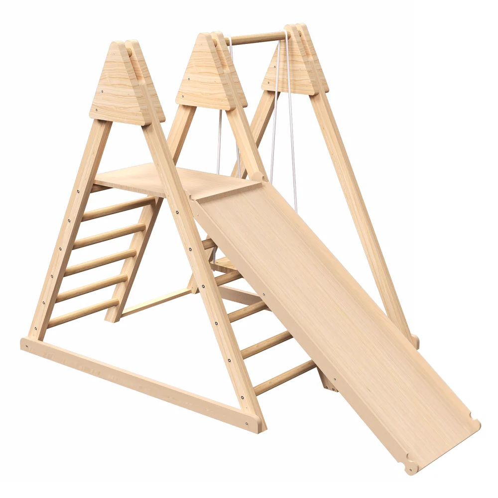 4-in-1 Juniper Indoor Play Gym Speelset met babyschommel Ladder Klimmuur Opvouwbare houten speelset Indoor Jungle Gym voor kinderen