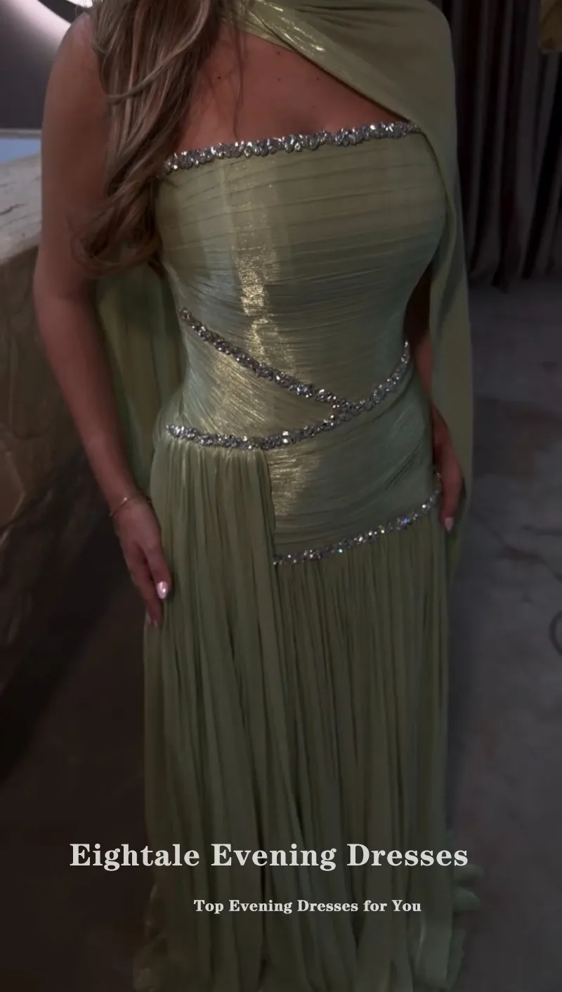 Eightale Arabic Evening Dress Strapless Beaded Sage Green Crepe Customized  A-Line Pleats Prom Wedding Party Gown image 4