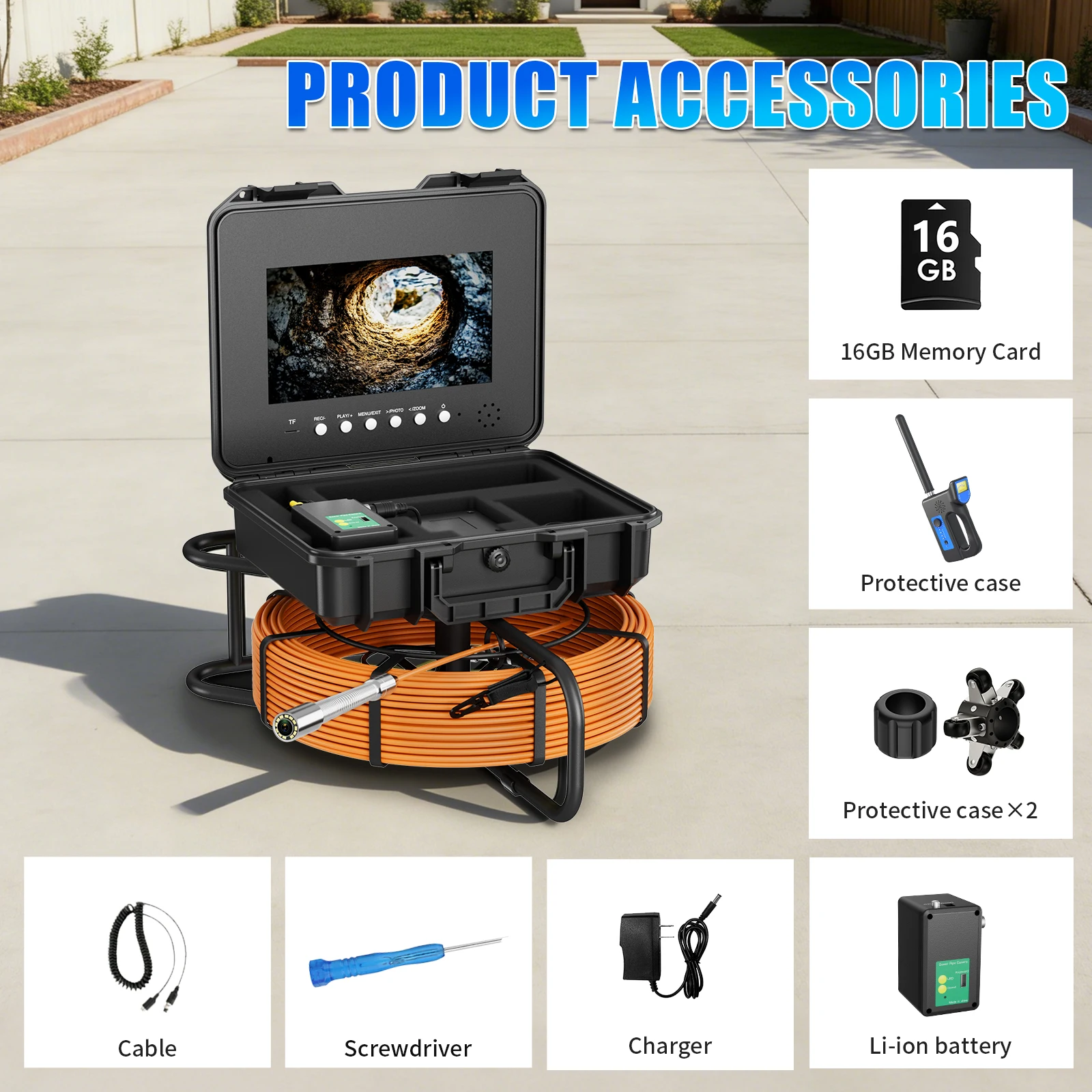 

10-дюймовая камера для осмотра канализационных труб 512 Гц с самовыравниванием, локатором, счетчиком метража, водонепроницаемая IP68, эндоскопическая камера с картой памяти 16 ГБ DVR