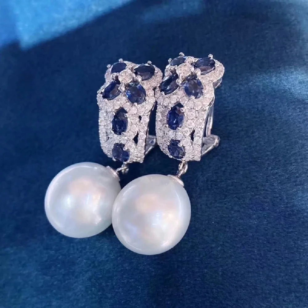 

Fashionable Blue Pearl Earrings AAAA10-11mm Natural Japanese Round White Pearl Earrings 925s