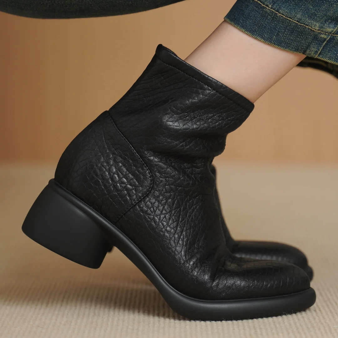 

Women's sheepskin round toe side zip autumn ankle boots 5cm thick med heel platform casual female high quality soft short boots