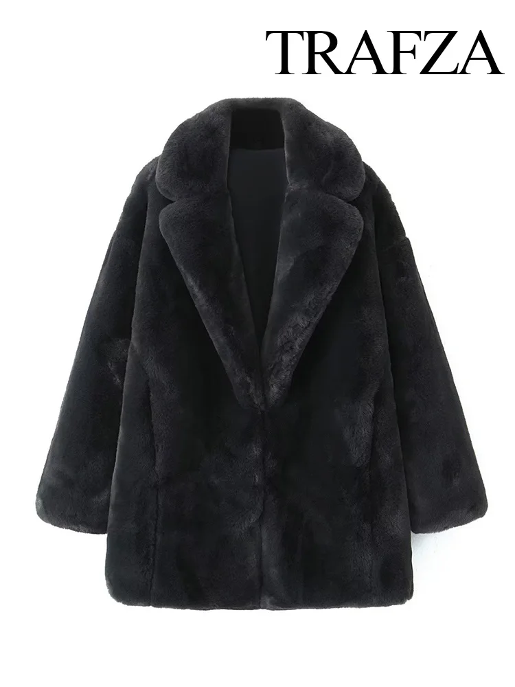 TRAFZA Warm 2024 Winter Women Loose Artificial Fur Long Sleeve Thick Solid Coat Faux Fur Single Breasted Jacket Female Overcoat