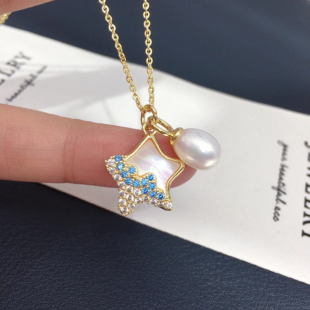 

ZHBORUINI Natural Freshwater Pearl Rice Pearl Pendant Cute Pearl Style Natural Sea Shell Star Inlaid Zircon Banquet Female