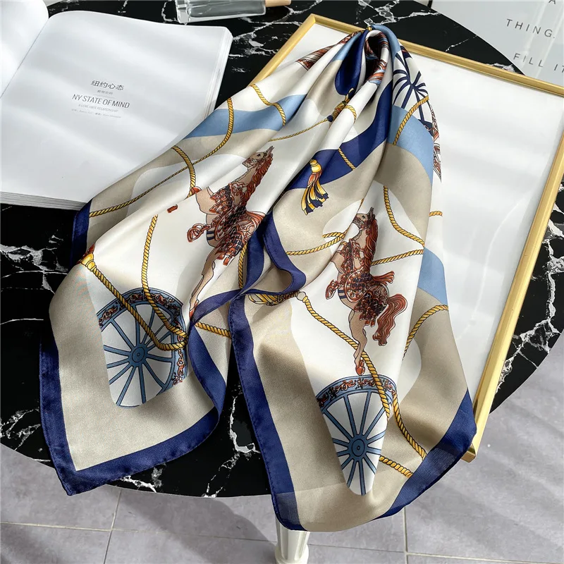 Luxury Horse Print Square Scarf for Women Satin Fashion Wraps Neckerchief Female Hair Bands Headband Bandana 70X70CM