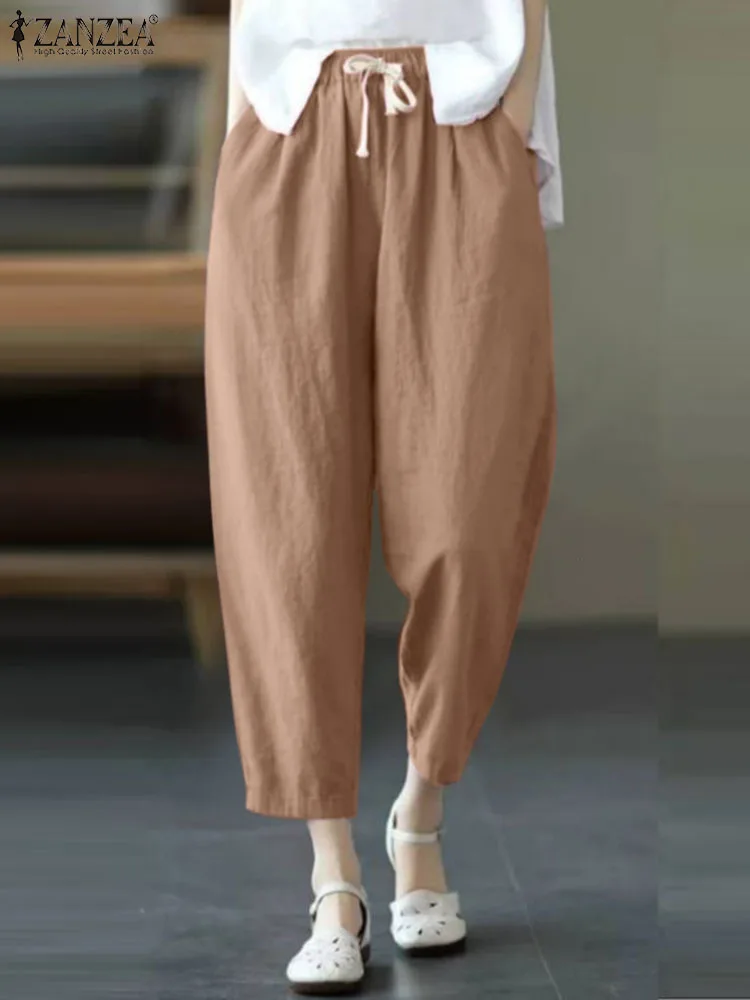 ZANZEA Fashion Women Harem Pants Summer Elastic Waist Solid Trousers Casual Cotton Pantalon Vintage Loose Palazzo Streetwear