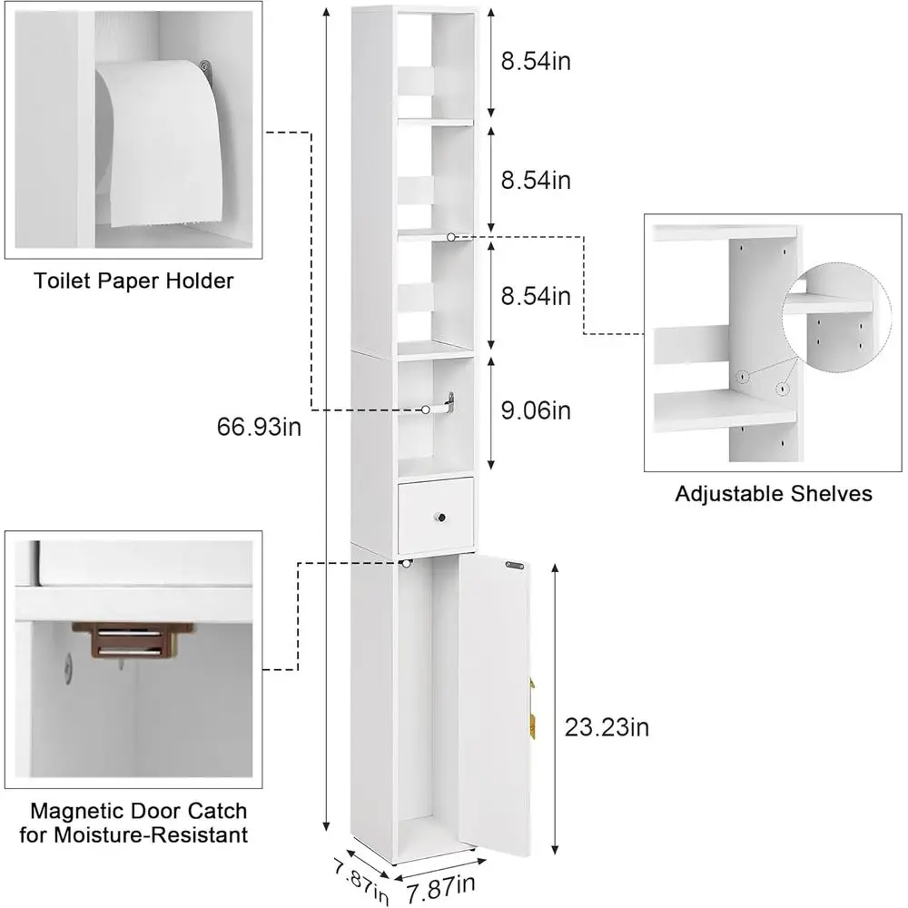 Storage Cabinet, 67" Tall Narrow Bathroom Cabinet with 3 Adjustable Shelves, Toilet Paper Holder, Magnetic Door & Drawer, for Sm