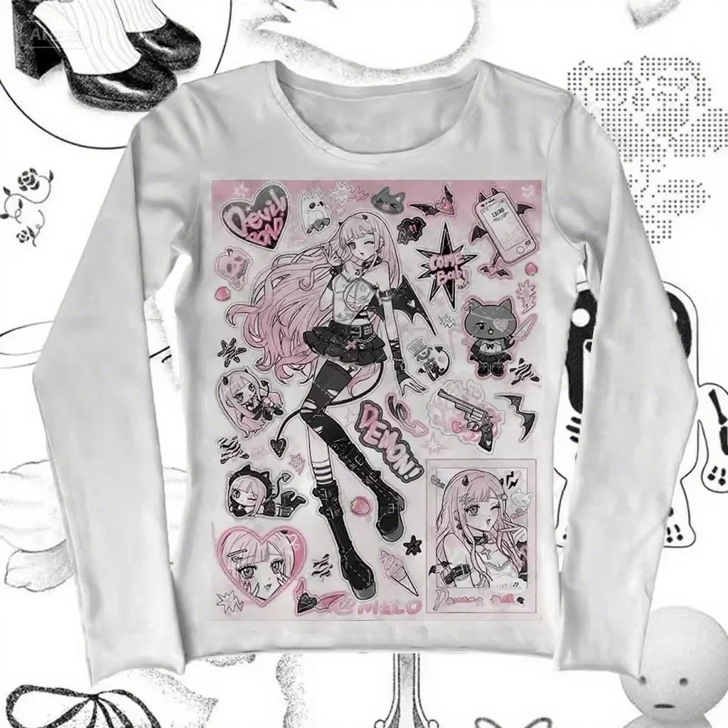 

Y2k Top for Women 2000s Tops Female Clothing Graphic Tees Y2k Kitty Harajuku Goth Anime Girl Grunge Clothes Graphic T Shirts Emo