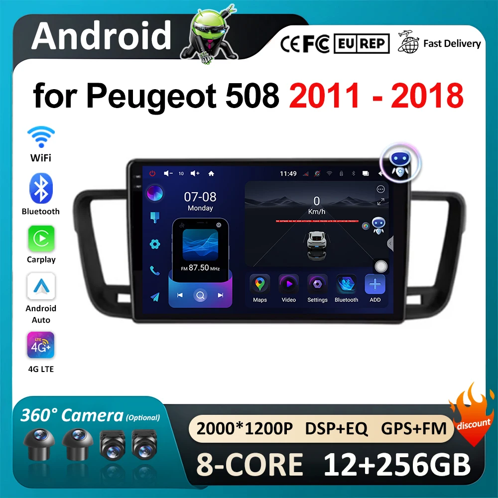 Car Video Multimedia Player Bluetooth Carplay 9'' for Peugeot 508 2011 - 2018 WiFi Android OS GPS Navi 2.5D Screen Auto Tools