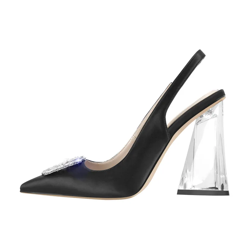Onlymaker Women\'s Pointed Toe Rhinestone Clear Chunky Heel Slingback Pumps Wedding Office Dress Big Size Chunky Lady Heels