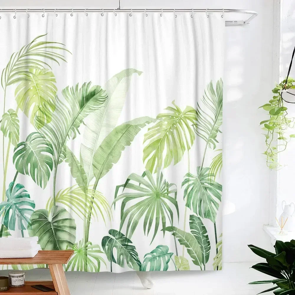 Tropical Green Leaf Shower Curtain Jungle Botanical Palm Foliage Summer Theme Bathroom With Hooks Waterproof Polyester Screen