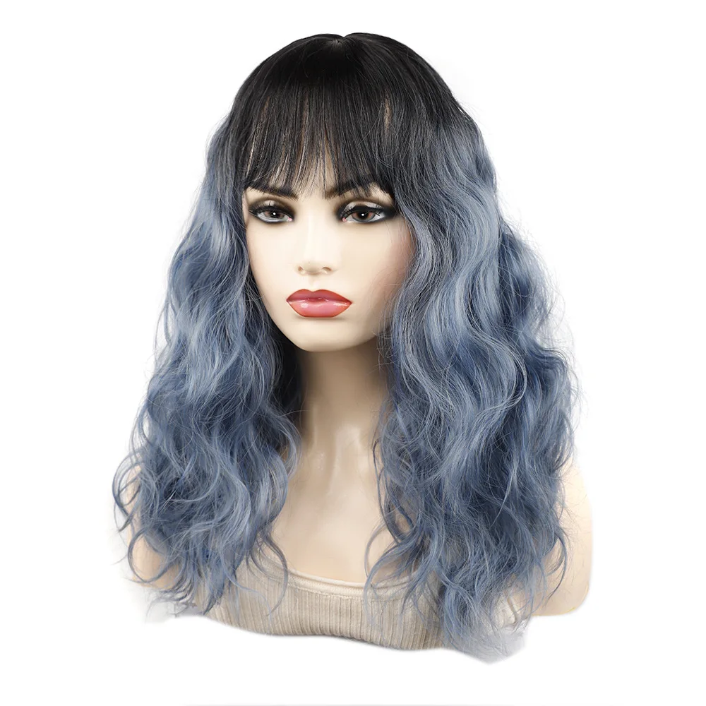 

Zolin Black Gray Blue Omber Color Wavy Culy Messy Wig Drag Queen Cosplay Hair Wig For Woman