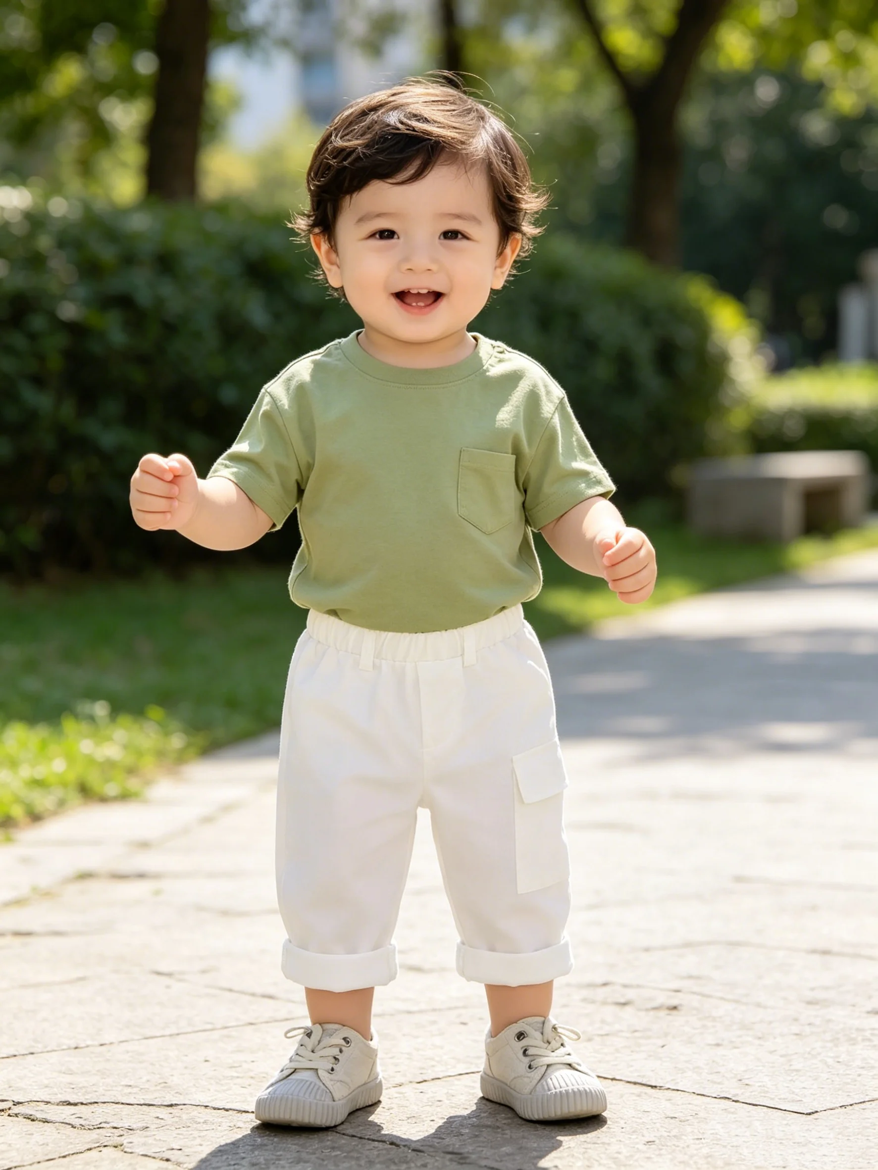 Summer White Work Pants for Babies Lightweight Breathable Casual Trousers with Side Pockets Elastic Waist Adjustable Design Unis