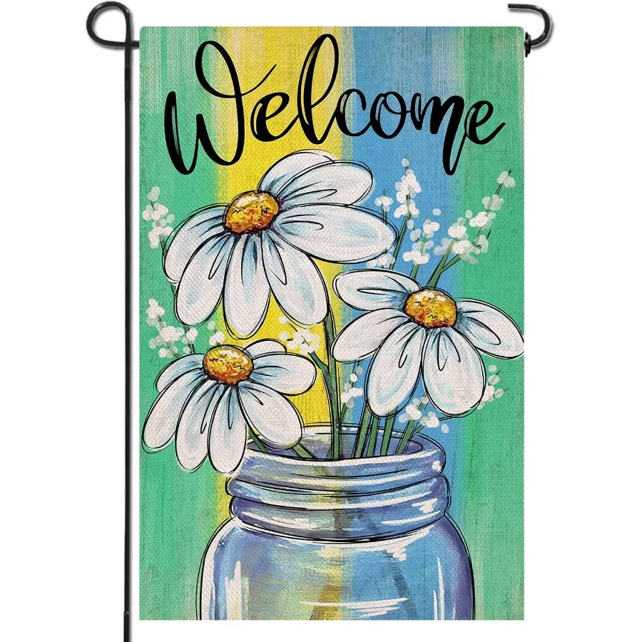 

1pc Spring Daisy Mason Jar Garden Flag 30x45cm Double Sided Green Stripes Floral Yard Flag Outdoor Lawn Summer Patio Home Decor