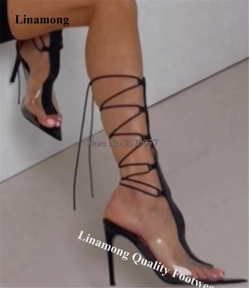Linamong Clear PVC Patchwork Stiletto Heel Gladiator Sandals Pointed Open Toe Black Straps Cross Thin Heel Long Sandals