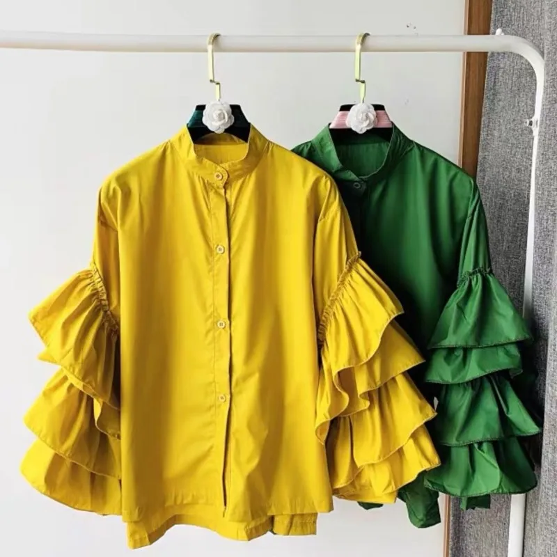 Women White Shirts Solid Full Ruffles Sleeve Turn-down Collar Single Breasted Loose Shirts Office Lady Streetwear Summer Tops