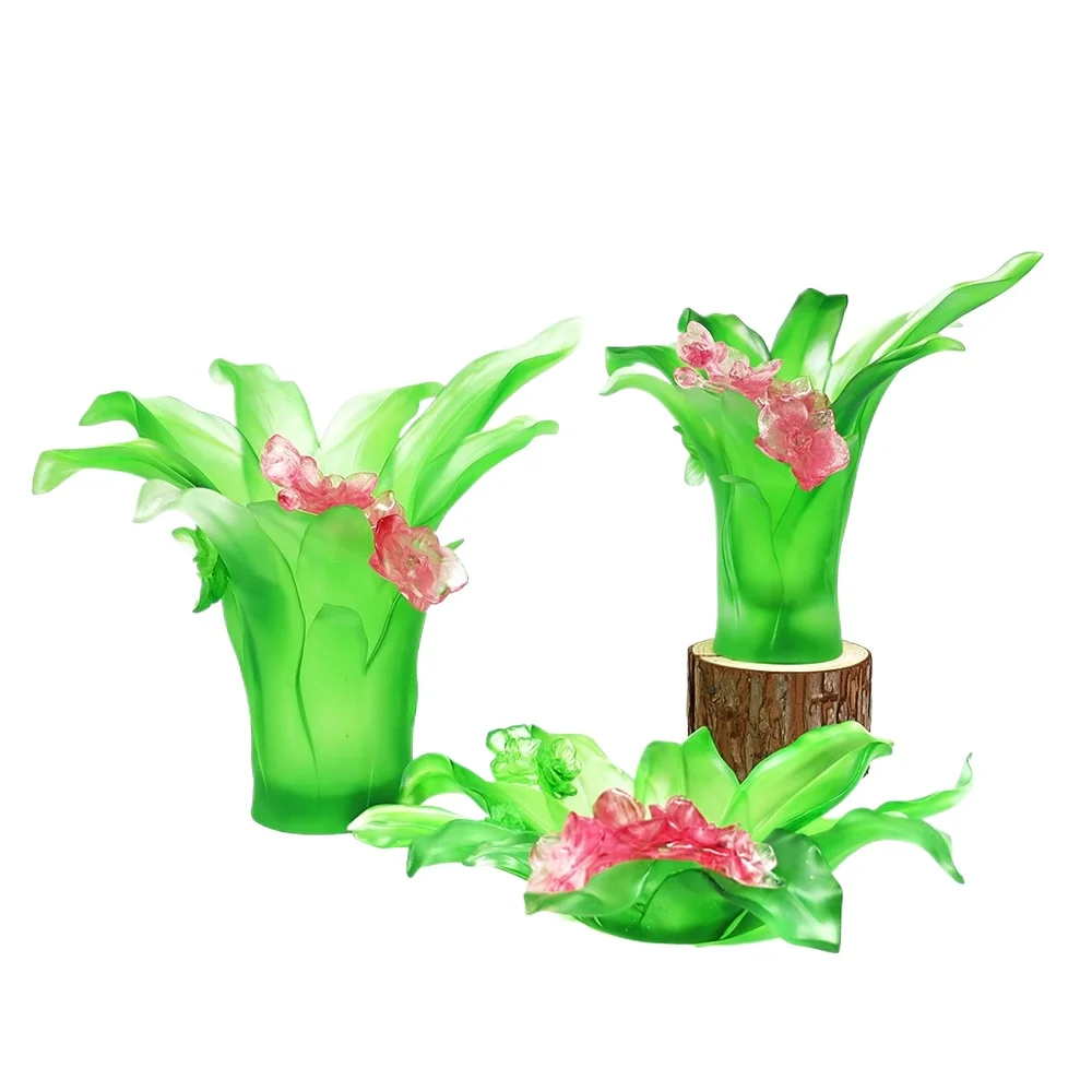 Handmade glazed orchid flower art sculpture crystal home decoration green pink ornament modern desktop accent collection gift