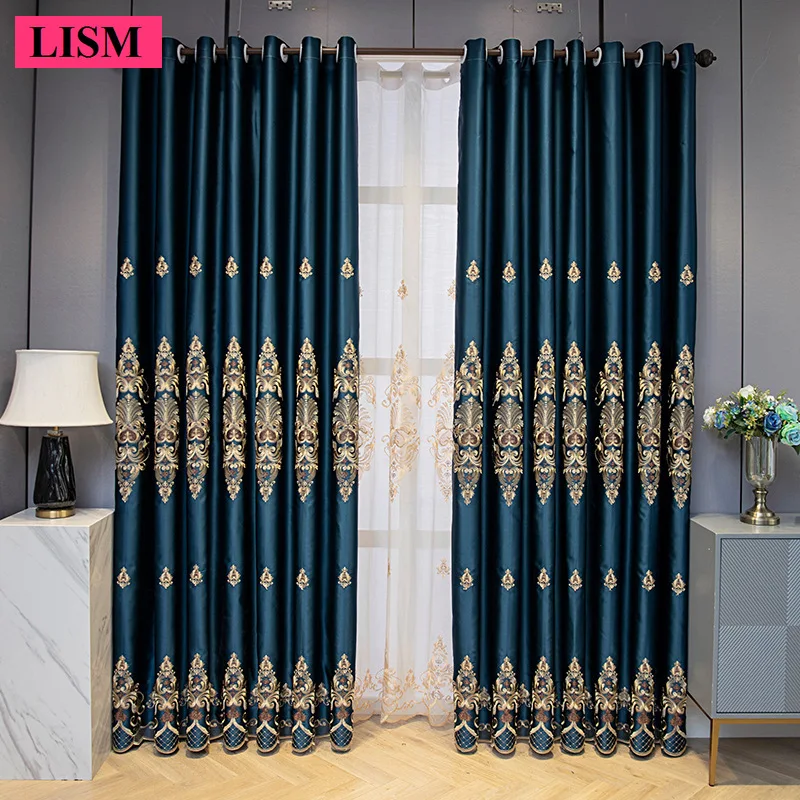 Luxury High Precision Blue Embroidered Curtains for Bedroom Living Room Windows European Home Decor Blackout Cloth Custom Tulle