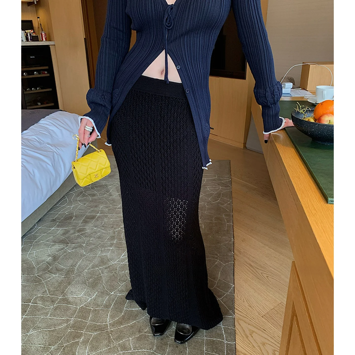 

Black Knitted Long Skirt Women's High Waist Elastic Hole Design Spring Summer New Style Slimming Floor-Length Pencil Skirt