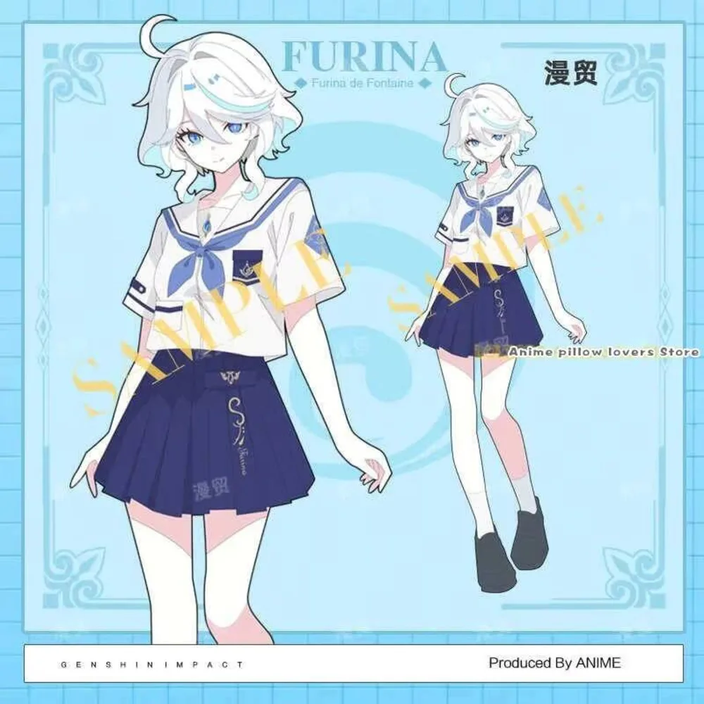 

Anime Furina Genshin Impact Focalors Casual Short Sleeve T-Shirt Tops Skirt Student Summer Tee Girl JK Uniform Sailor Suit