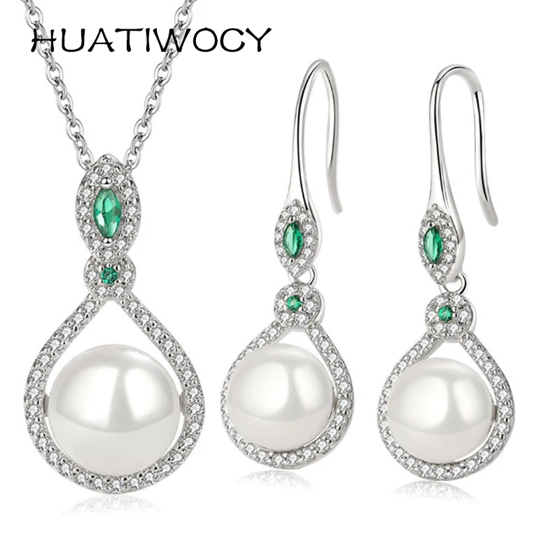 

HUATIWOCY Fashion Drop Earrings Necklace with Pearl Zircon 925 Silver Jewelry Set Ornaments for Women Wedding Party Bridal Gift