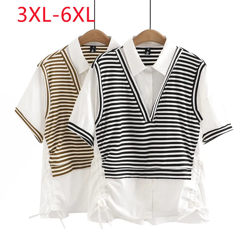 

New 2023 Ladies Spring Summer Plus Size Tops For Women Large Size Short Sleeve V-neck White Stripe T-shirt 3XL 4XL 5XL 6XL