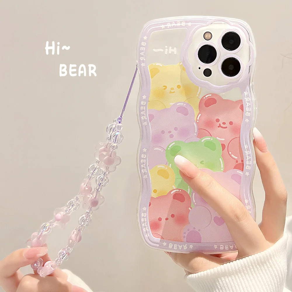 Cute Flower Cartoon Wavy Case For iPhone 14 13 12 11 Pro Max XR XS X 7 8 Plus SE 2022 Soft Silicone Bumper Cover With Hand Rope