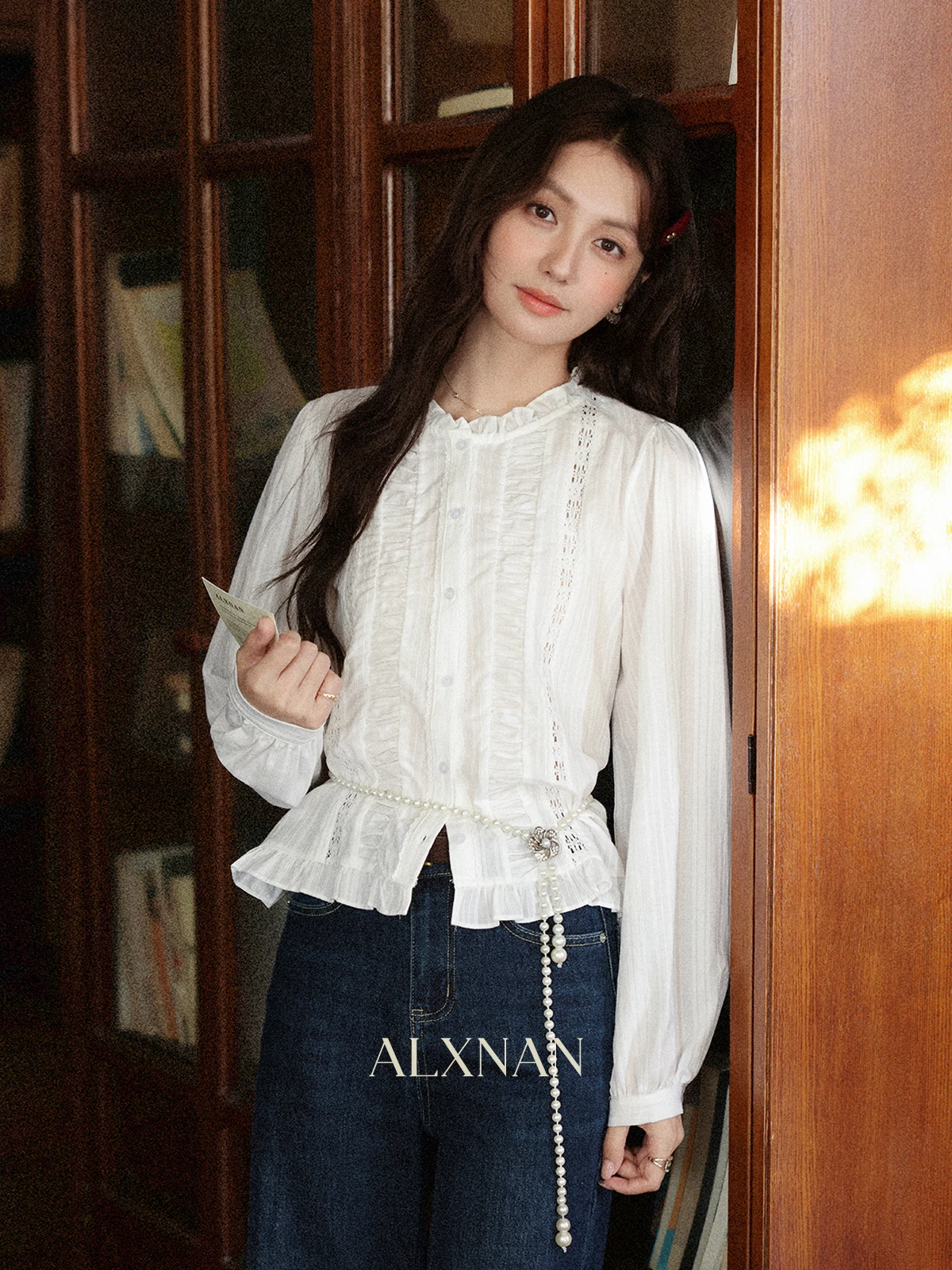 

Женская модная рубашка Ele с белыми полосками, приталенная, дышащая, приятная к телу, с круглым вырезом и пуговицами