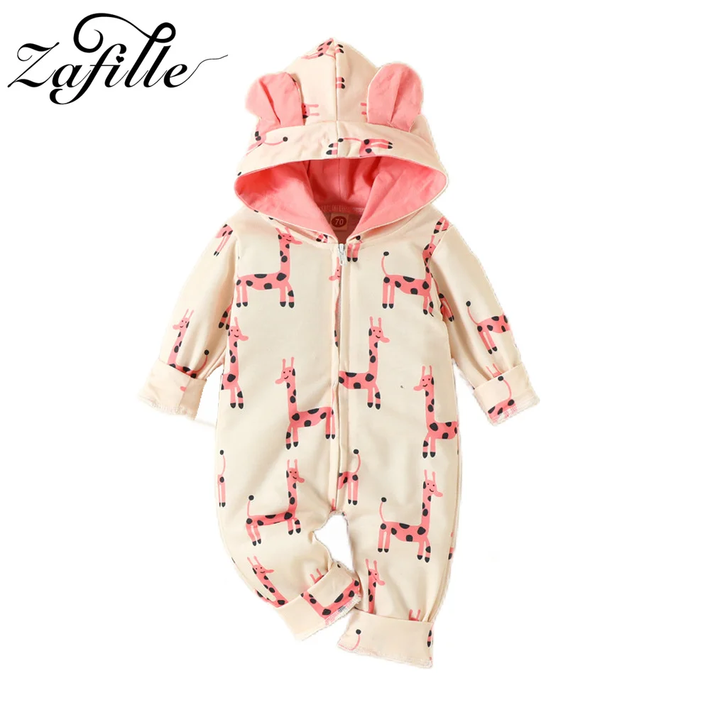 

ZAFILLE Hooded Baby Rompers Giraffe Printed Zipper Jumpsuit For Kids Boys Girls Clothing Cute Children Outfits Cartoon Overalls