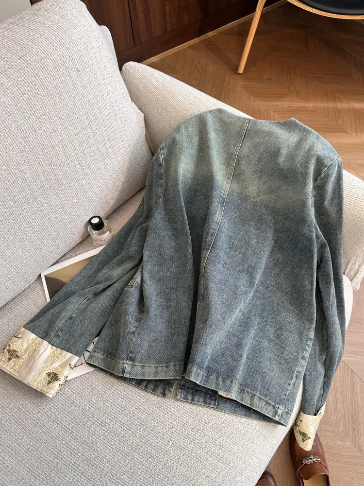 New Women O-Neck Retro Embroidered Blue Denim Jacket Spliced Personalized Design Top Travel Coat Loose Long Sleeve Outerwear - Detail 1