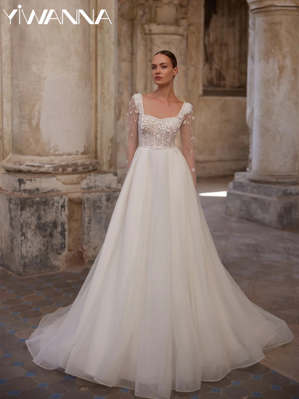 

Illusion Pearls Long Sleeve Wedding Dress With 3D Flower Modest Square Neck Bridal Gown Customized A-line Dresses For Bride