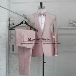 Elegance Pink Satin Suits Men Sparkly Beads Applique Jacket Pants 2 Pieces Groom Wedding Tuxedo Formal Party Dresses Customized