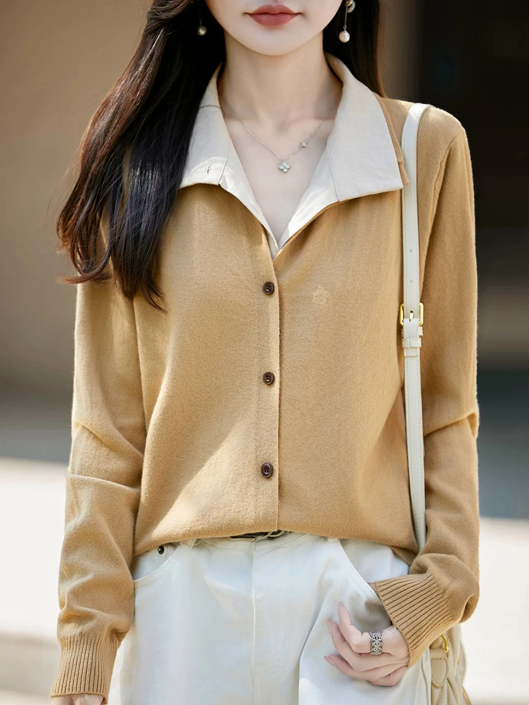 Women's Wool Knitted Cardigan Shirt Collar Fake Two-Piece Outerwear Sweater Jacket Autumn New Style Versatile Loose Fit Comfo...