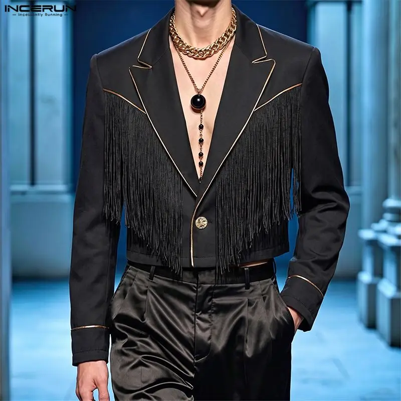 INCERUN Men's Blazer Tassel Patchwork Lapel Long Sleeve One Button Male Suit Streetwear Fashion Party Casual Crop Blazer For Man