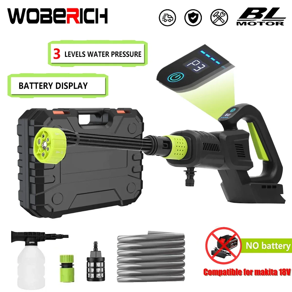 

Brushless 280Bar Portable Cordless High Pressure Cleaner Washer Water Gun Car Wash Rechargeable Cleaning Machine（No battery）