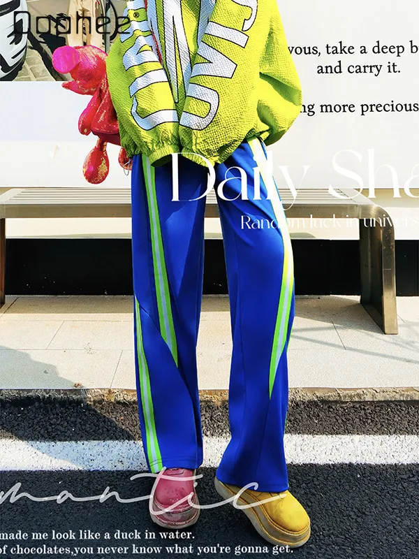 Sapphire Blue Colored Webbing Contrasting Casual Pants Spring New Mixed and Matched Trendy Brand Loose Straight Sweatpants