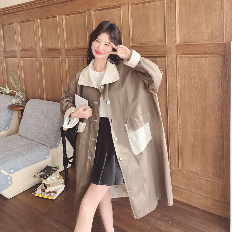 SuperAen Retro Long Trench Coat Contrasting Colors 2026 Spring and Autumn New Women's Korean-style Fashion Overcoat