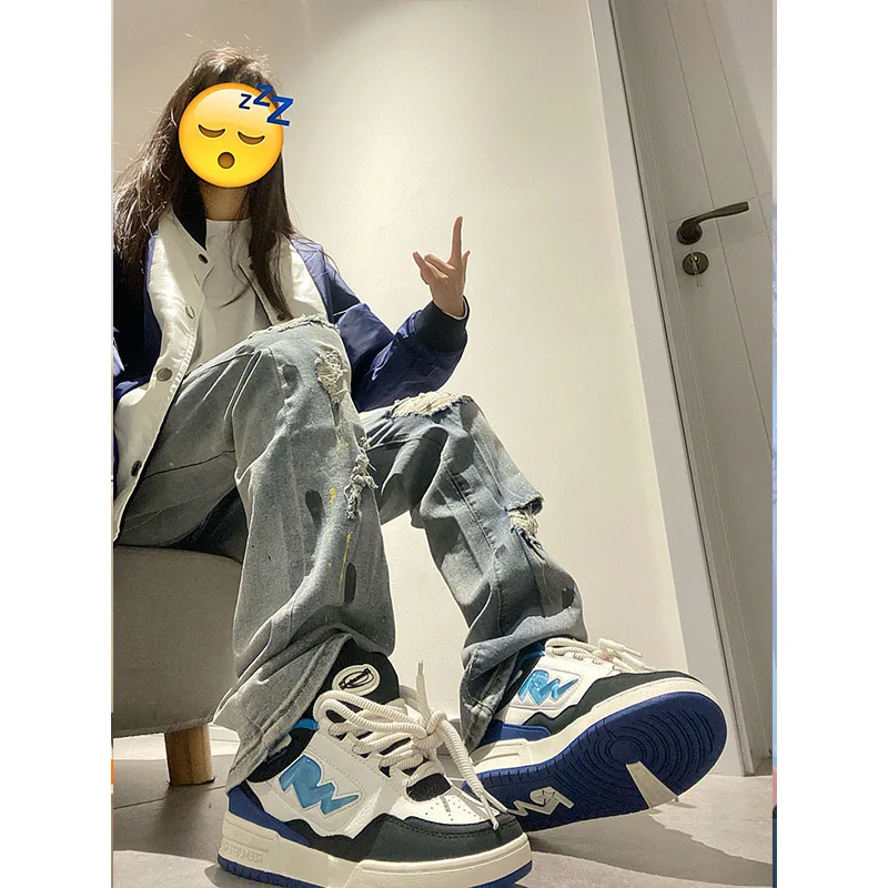 

Ретро американские прямые джинсовые джинсы с крашением, женские осенне-зимние новые брюки с выцветшими дырками и высокой талией для похудения, уличные брюки